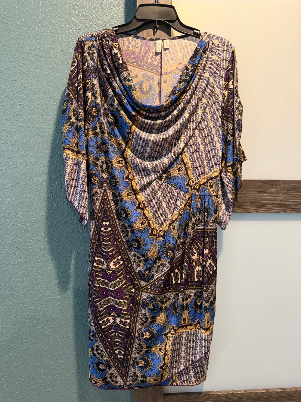 Madison Paisley-Print Cowl Neck Midi Dress in Blue & Purple